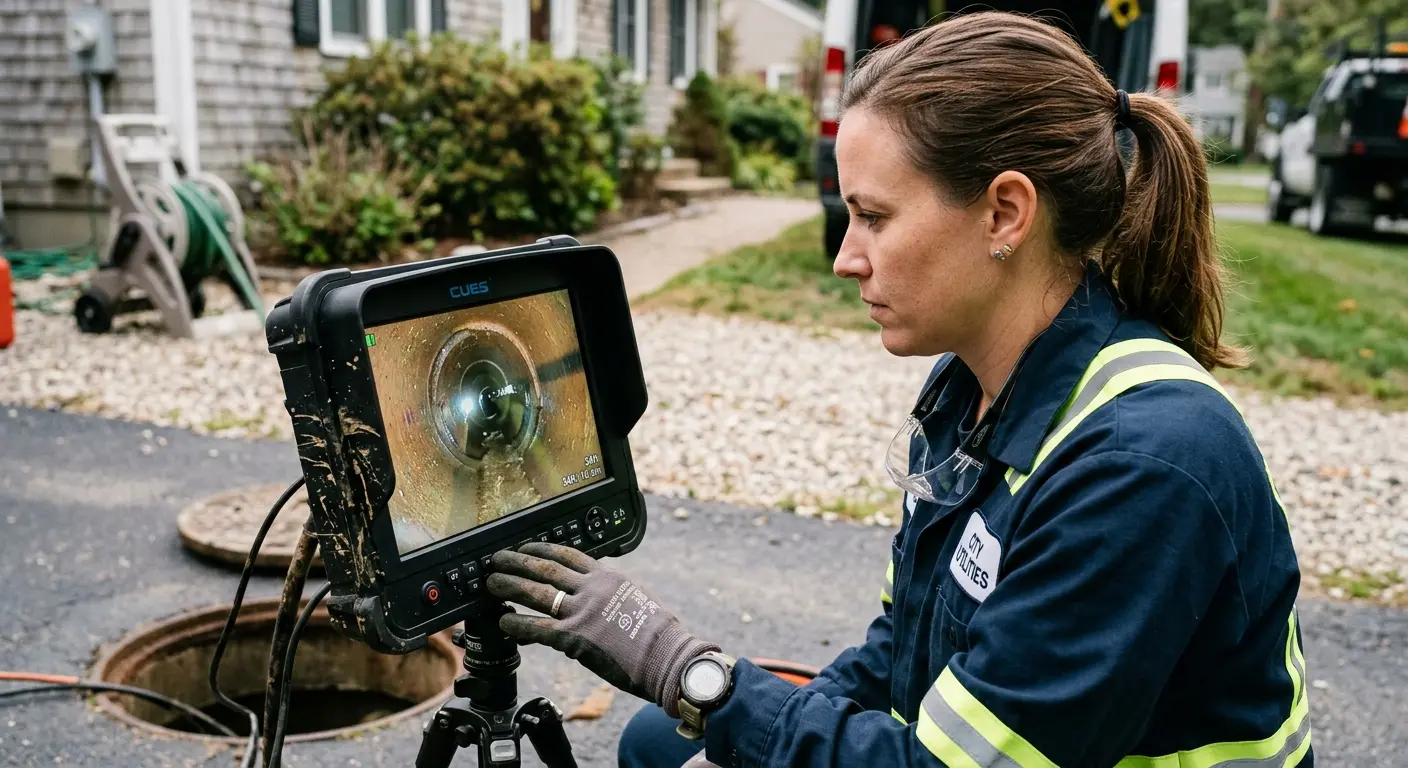 Technician reviewing sewer camera inspection footage in Damascus