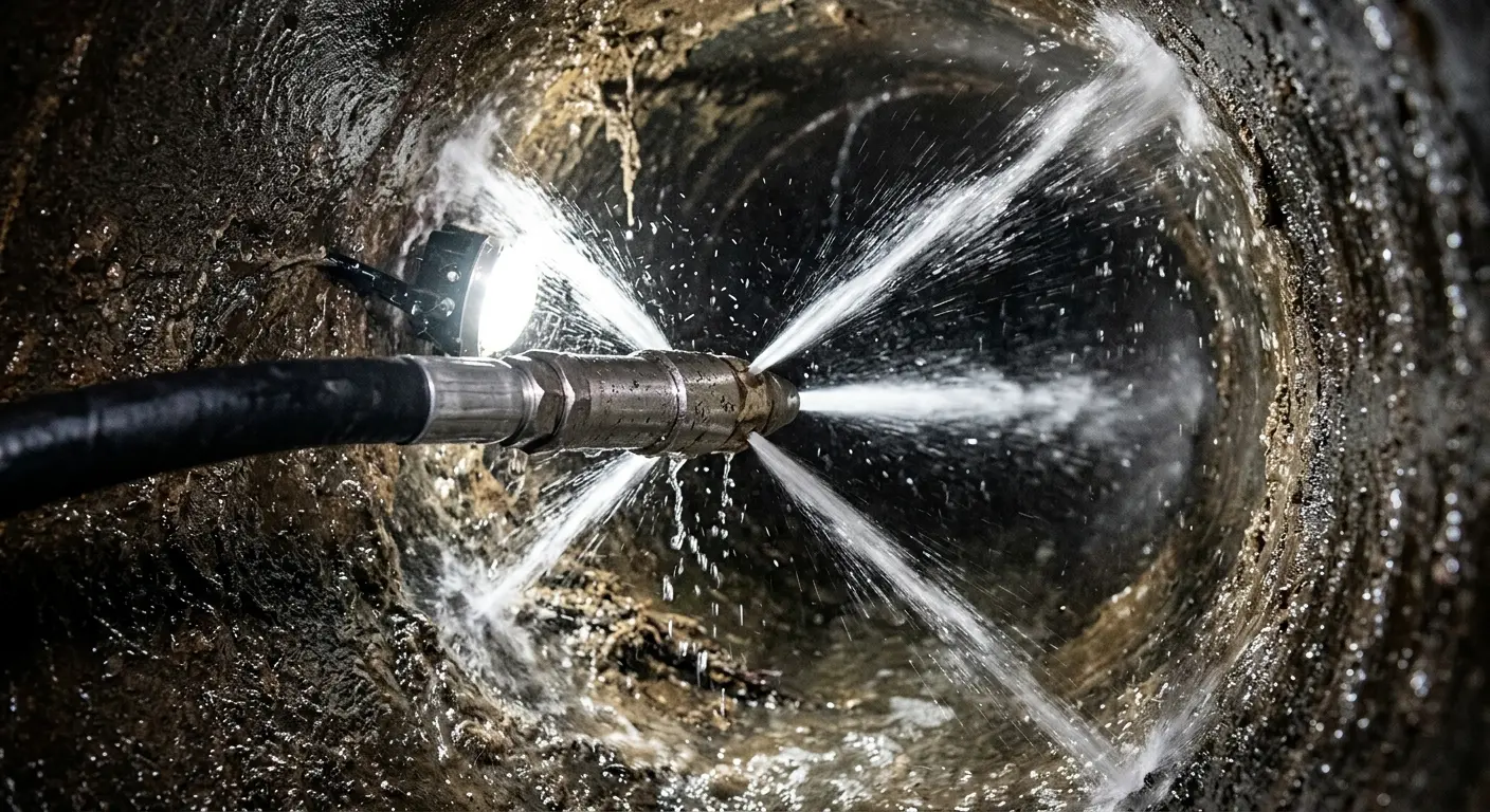 High-pressure hydro jetting nozzle cleaning sewer pipe for Sewer Cleanout in Damascus