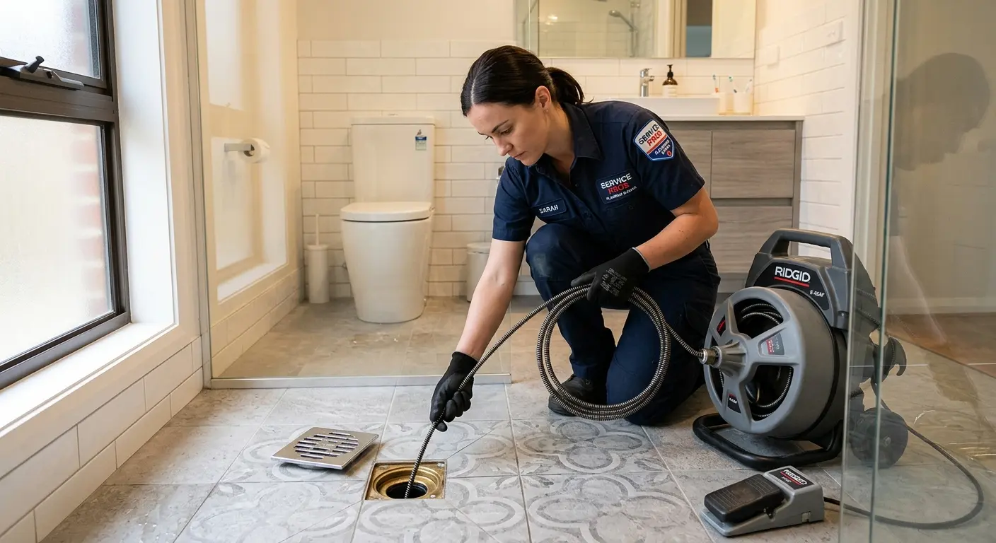 Technician clearing a bathroom floor drain for Sewer Line Installation in Damascus